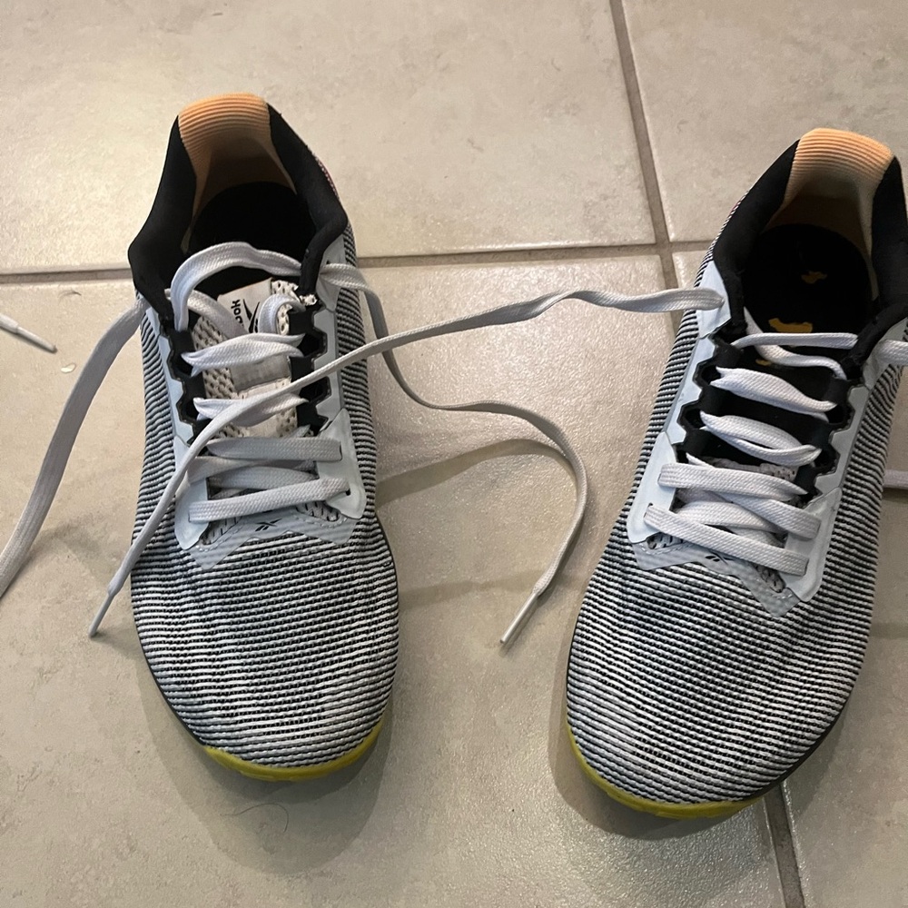 Reebok Men's Black and White Striped Sneakers with Yellow Soles
